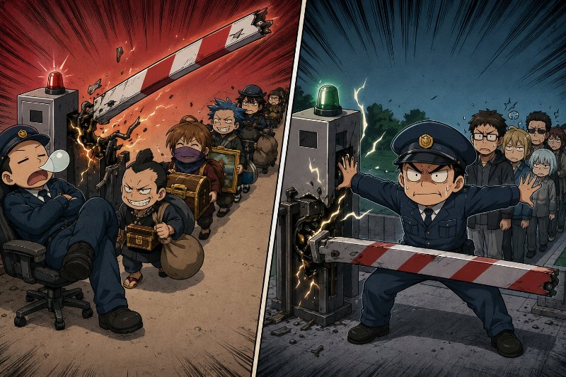 銀魂風格插圖：左邊（紅色危險）閘門壞了大開，警衛打瞌睡冒鼻涕泡，一排 Q 版小偷大搖大擺通過；右邊（藍色安全）同樣的閘門壞了但關上，警衛張開雙手死命擋住