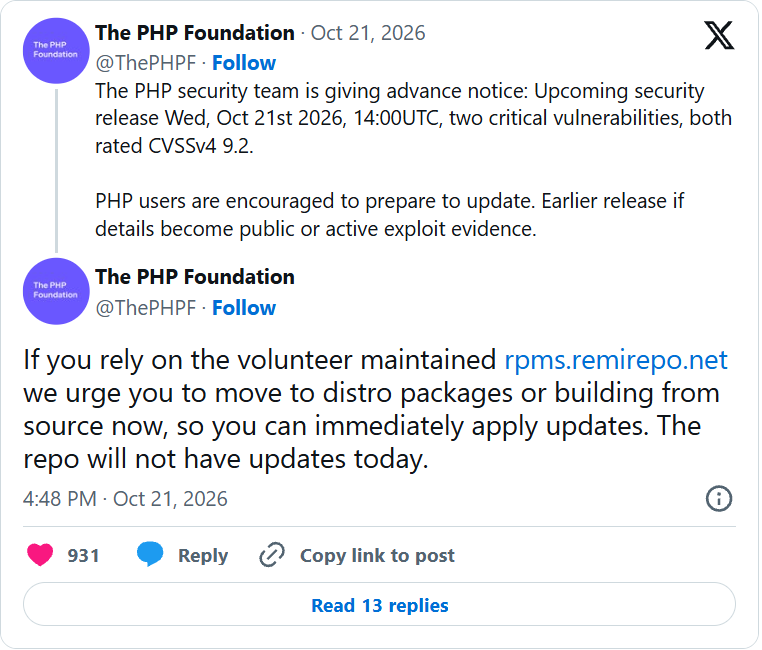 PHP 基金會 10/21 在 X 預告緊急更新,提醒 remirepo 用戶
