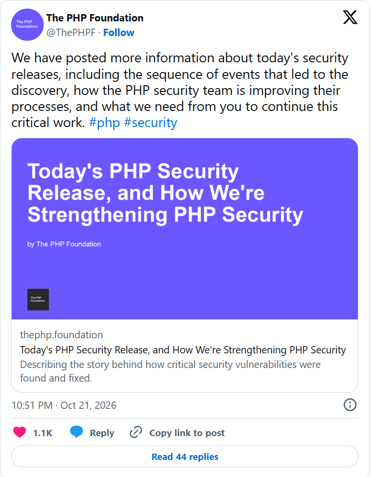 PHP 基金會在 X 上宣布發布說明文,交代漏洞怎麼被找到