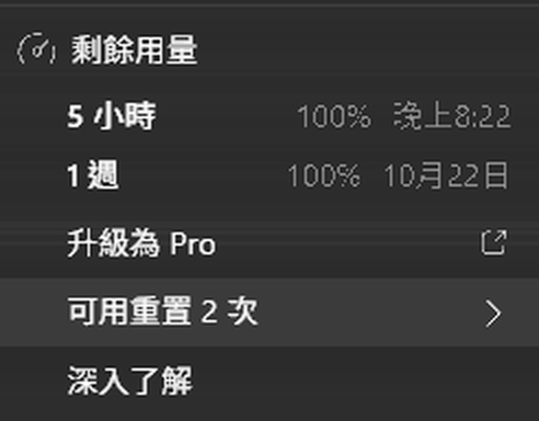 Codex 桌面版左下角選單：剩餘用量，5 小時 100%、晚上 8:22 重置；1 週 100%、10 月 22 日重置；下面有升級為 Pro、可用重置 2 次、深入了解